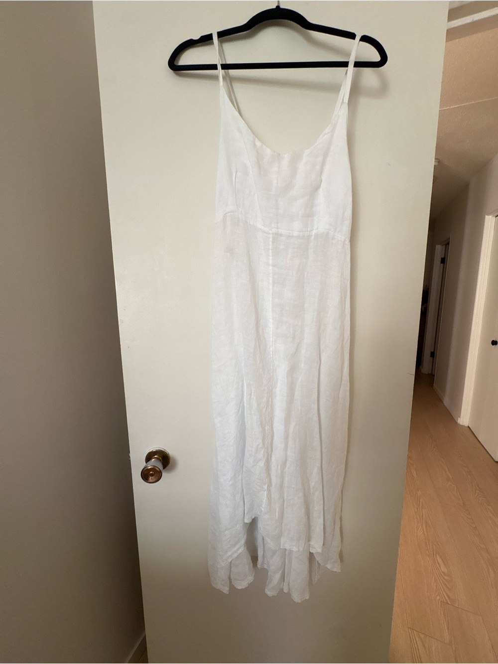 From Italy, Women's White Linen Midi Slip Dress with Spaghetti Straps